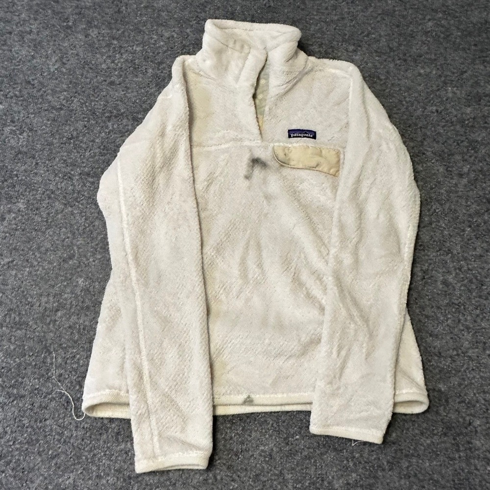 Patagonia Fleece Womens Size S Cream Re-Tool Snap-T Pullover Fuzzy Stained Flaws